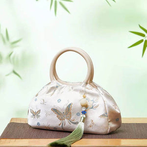 Brocade Chinese Style Designer Bag White Butterfly Handbag - SinoCultural -- P27061604-2