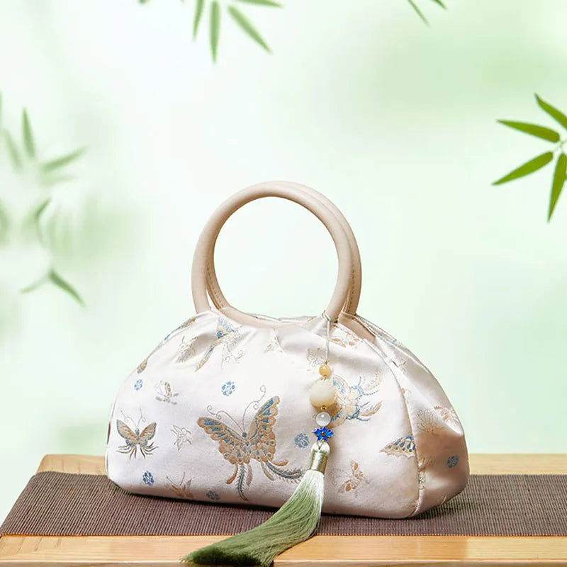 Brocade Chinese Style Designer Bag White Butterfly Handbag - SinoCultural -- P27061604-2