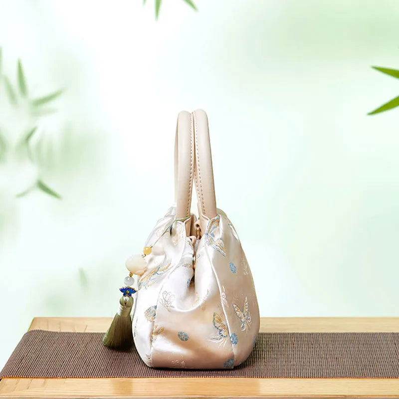 Brocade Chinese Style Designer Bag White Butterfly Handbag - SinoCultural -- P27061604-2