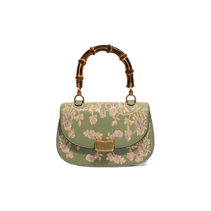 Handcrafted Embroidery Leather Green Handbag Camellia Bamboo Handle - SinoCultural -- CXXB043G