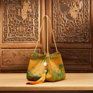 Chinese Painting Mulberry Silk Bucket Bag Vintage Handbag - SinoCultural -- P17062005-2