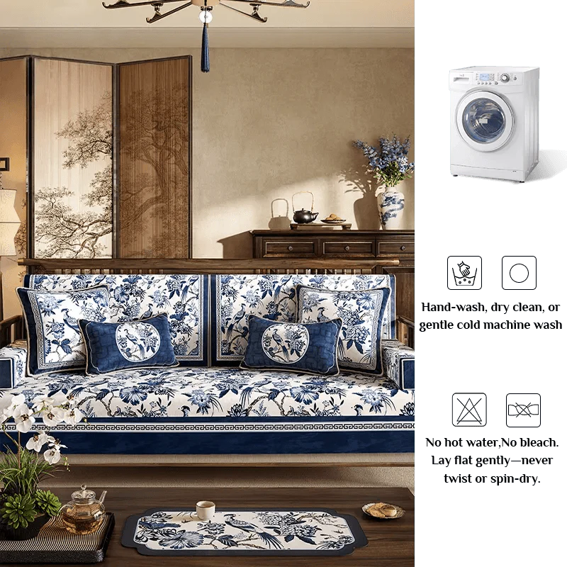 Chinoiserie Vintage Blue and White Flowers and Birds Sofa Slipcover - SinoCultural -- S0C004A9090