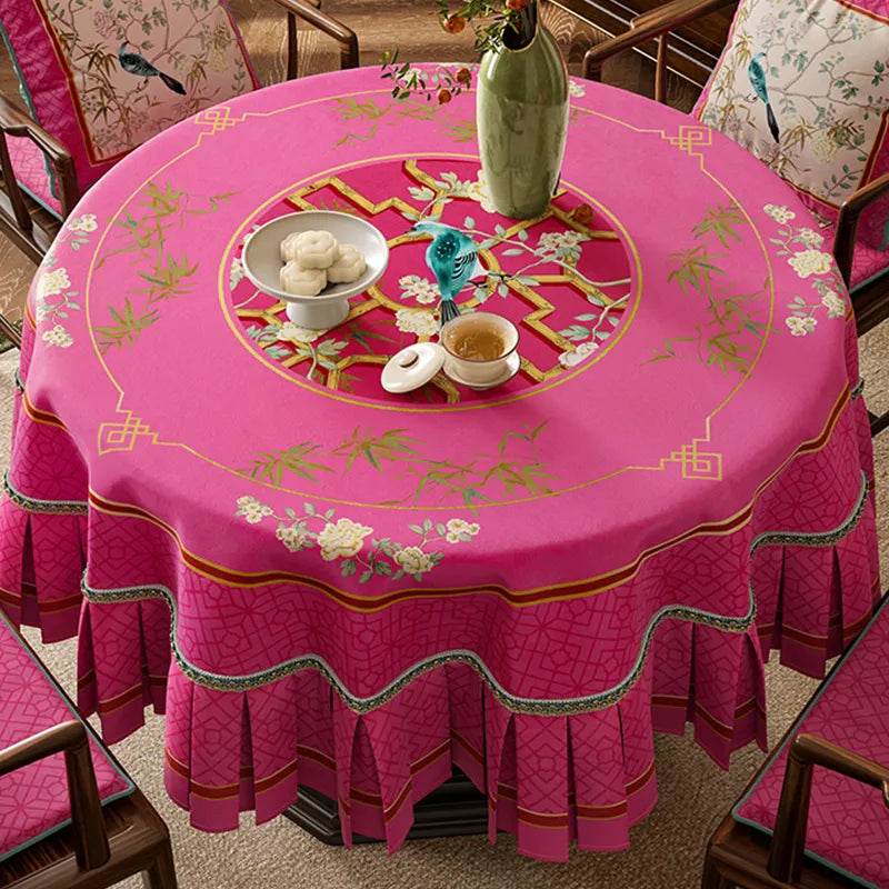 Chinoiserie Pink Retro Floral Bird Round Tablecloth - SinoCultural -- TC025A160