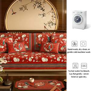 Chinoiserie Royal Red Magpie & Hydrangea Sofa Slipcover - SinoCultural -- S0C002A9090