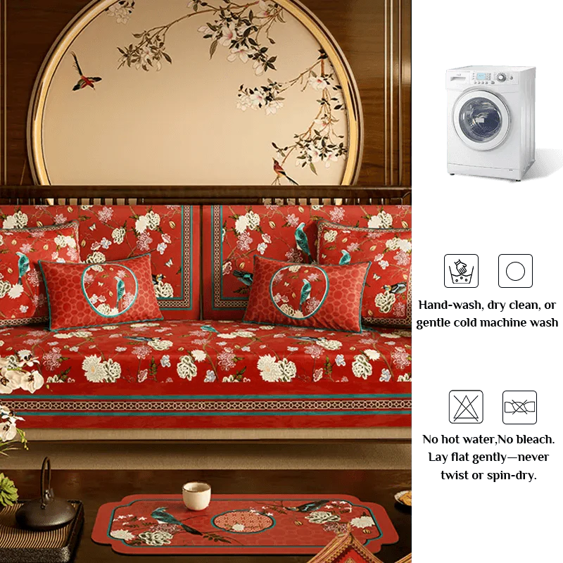 Chinoiserie Royal Red Magpie & Hydrangea Sofa Slipcover - SinoCultural -- S0C002A9090