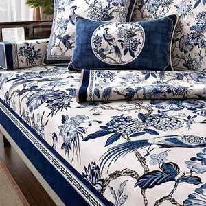Chinoiserie Vintage Blue and White Flowers and Birds Sofa Slipcover - SinoCultural -- S0C004A9090