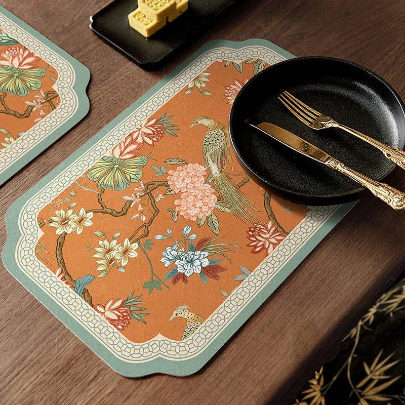 2-Piece Chinoiserie Mountain Hydrangea Leather Washable Placemat - SinoCultural -- TM015A3045