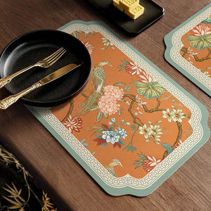 2-Piece Chinoiserie Mountain Hydrangea Leather Washable Placemat - SinoCultural -- TM015A3045