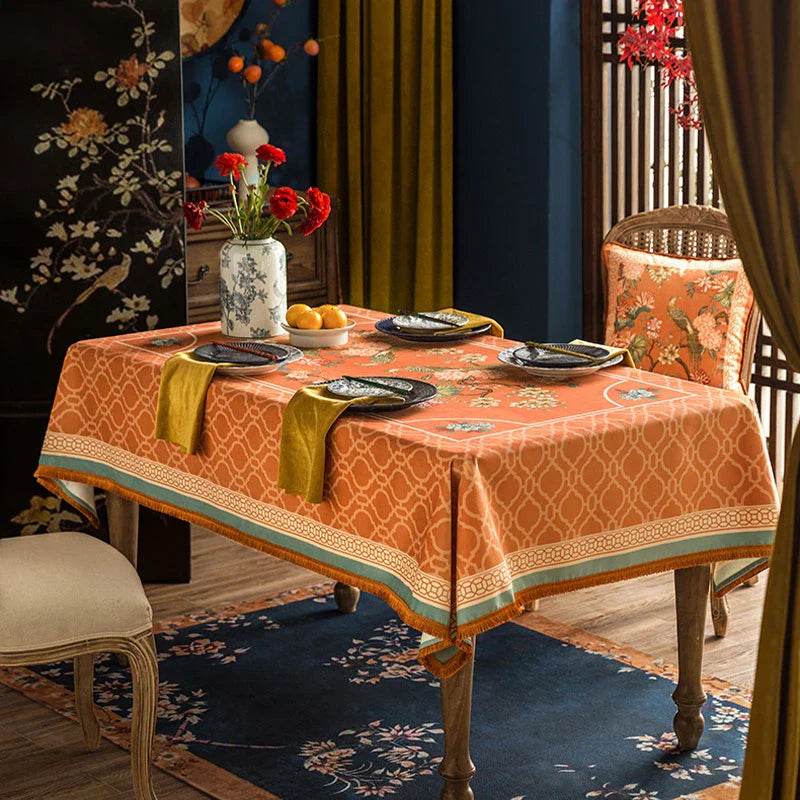 Chinoiserie Orange Mountain Hydrangea Rectangle Tablecloth - SinoCultural -- TC009Y85