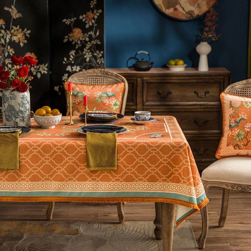 Chinoiserie Orange Mountain Hydrangea Rectangle Tablecloth - SinoCultural -- TC009Y85