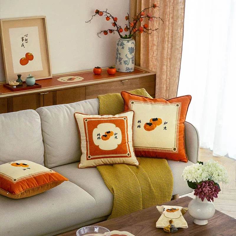 Chinoiserie Orange Throw Pillow Cushion Persimmons Blessings - SinoCultural -- SJZBZ034A01