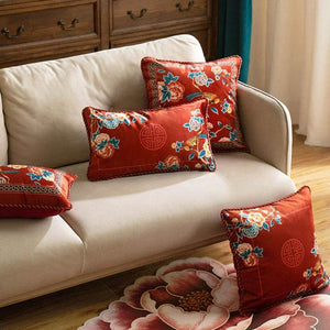 Chinoiserie Oriental Elegance Red Pillow Cushion Floral Reverie - SinoCultural -- SJZBZ032A01