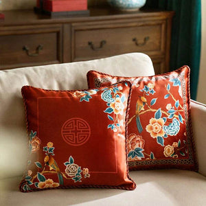 Chinoiserie Oriental Elegance Red Pillow Cushion Floral Reverie - SinoCultural -- SJZBZ032A01