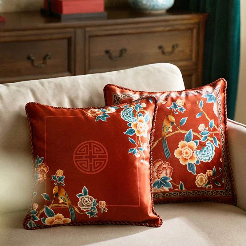 Chinoiserie Oriental Elegance Red Pillow Cushion Floral Reverie - SinoCultural -- SJZBZ032A01