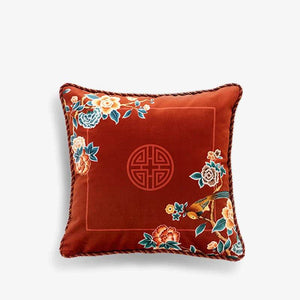 Chinoiserie Oriental Elegance Red Pillow Cushion Floral Reverie - SinoCultural -- SJZBZ032A01
