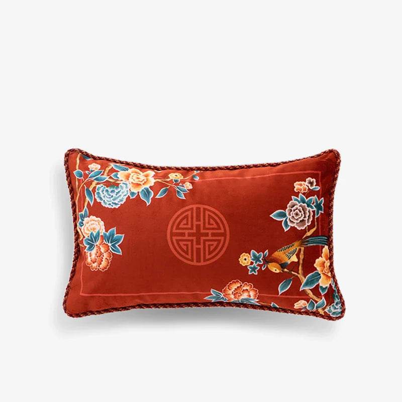 Chinoiserie Oriental Elegance Red Pillow Cushion Floral Reverie - SinoCultural -- SJZBZ032A01