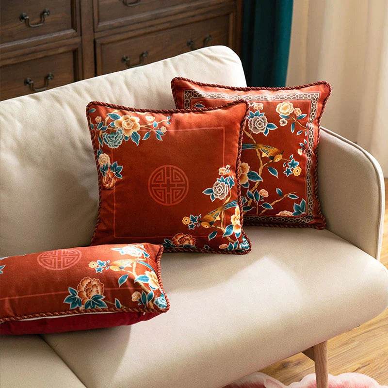 Chinoiserie Oriental Elegance Red Pillow Cushion Floral Reverie - SinoCultural -- SJZBZ032A01