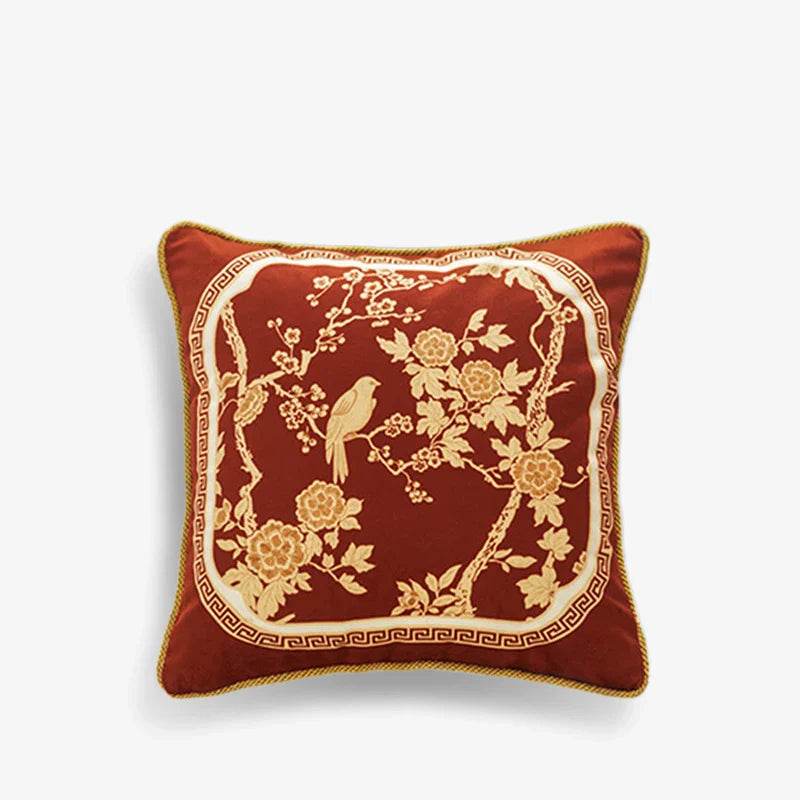 Chinoiserie Original Flowers and Birds Red Throw Pillow - SinoCultural -- SJZBZ049A01
