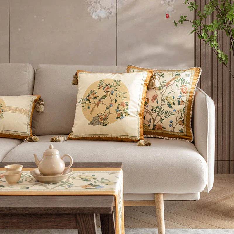 Chinoiserie Original Flowers and Birds Yellow Throw Pillow - SinoCultural -- SJZBZ052A01
