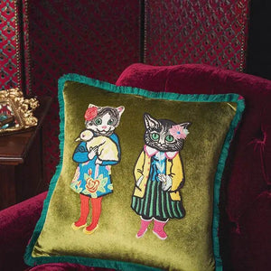 Chinoiserie Original Handmade Embroidery Velvet Throw Pillow Miss Kitty - SinoCultural -- SJZBZ003A01