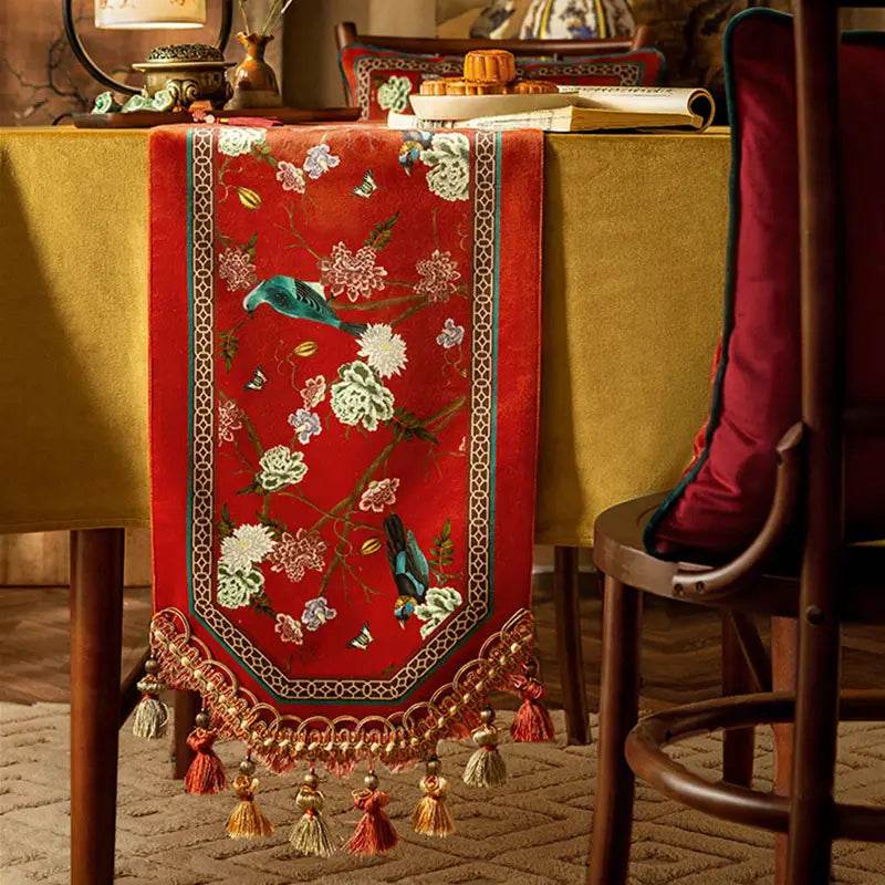 Chinoiserie Plush Festive Red Flower and Bird Table Runner - SinoCultural -- TR001R160
