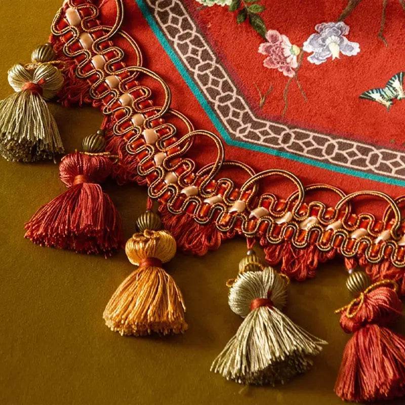 Chinoiserie Plush Festive Red Flower and Bird Table Runner - SinoCultural -- TR001R160