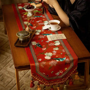 Chinoiserie Plush Festive Red Flower and Bird Table Runner - SinoCultural -- TR001R160