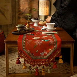 Chinoiserie Plush Festive Red Flower and Bird Table Runner - SinoCultural -- TR001R160