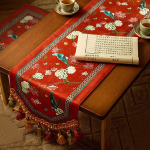 Chinoiserie Plush Festive Red Flower and Bird Table Runner - SinoCultural -- TR001R160