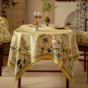 Chinoiserie Traditional Autumn Orchids Yellow Round Tablecloth - SinoCultural -- TC003Y85