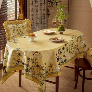 Chinoiserie Traditional Autumn Orchids Yellow Round Tablecloth - SinoCultural -- TC003Y85