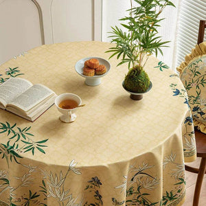 Chinoiserie Traditional Autumn Orchids Yellow Round Tablecloth - SinoCultural -- TC003Y85