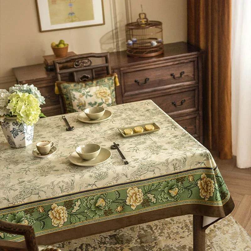 Chinoiserie Traditional Autumn Orchids Green Tablecloth - SinoCultural -- TC004G85