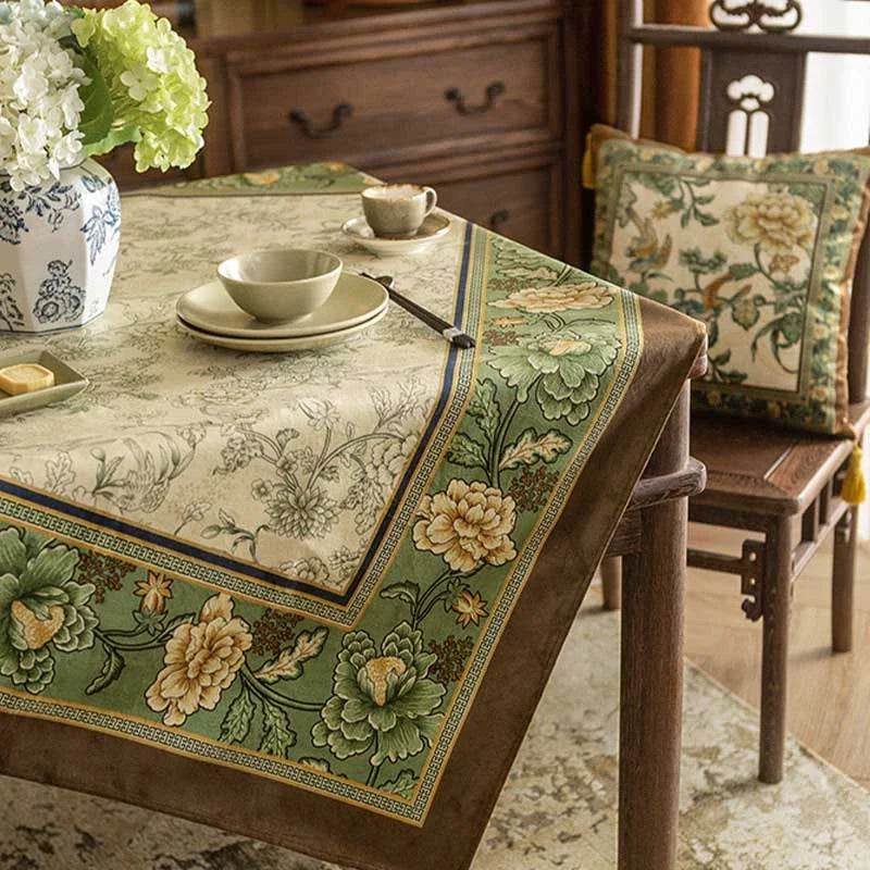Chinoiserie Traditional Autumn Orchids Green Tablecloth - SinoCultural -- TC004G85