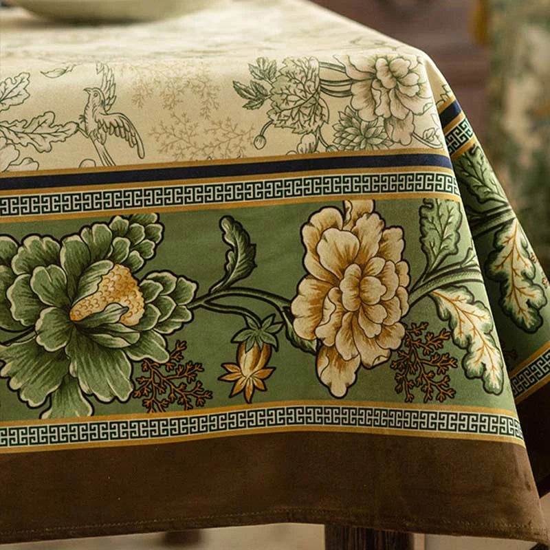 Chinoiserie Traditional Autumn Orchids Green Tablecloth - SinoCultural -- TC004G85