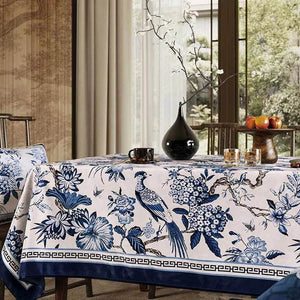 Chinoiserie Vintage Blue and White Flowers and Birds Tablecloth - SinoCultural -- TC006BW85