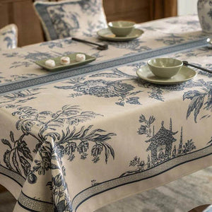 Chinoiserie Vintage Blue and White Tablecloth Pagoda - SinoCultural -- TC007BW85
