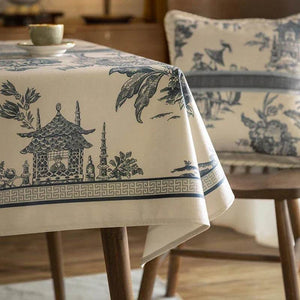 Chinoiserie Vintage Blue and White Tablecloth Pagoda - SinoCultural -- TC007BW85