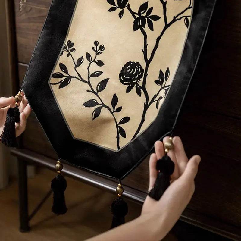 Chinoiserie Vintage Ink Flower and Bird Table Runner - SinoCultural -- TR002W160