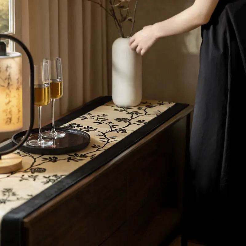 Chinoiserie Vintage Ink Flower and Bird Table Runner - SinoCultural -- TR002W160