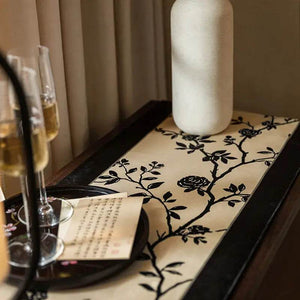 Chinoiserie Vintage Ink Flower and Bird Table Runner - SinoCultural -- TR002W160
