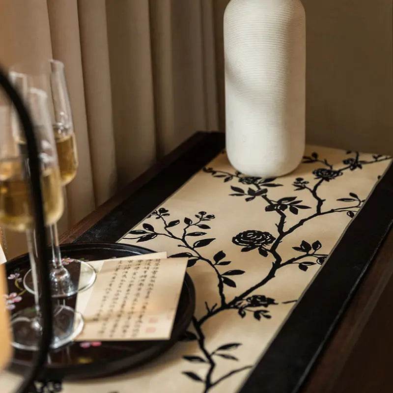 Chinoiserie Vintage Ink Flower and Bird Table Runner - SinoCultural -- TR002W160