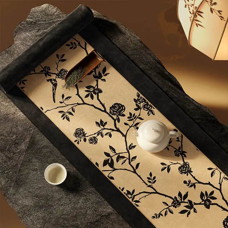 Chinoiserie Vintage Ink Flower and Bird Table Runner - SinoCultural -- TR002W160