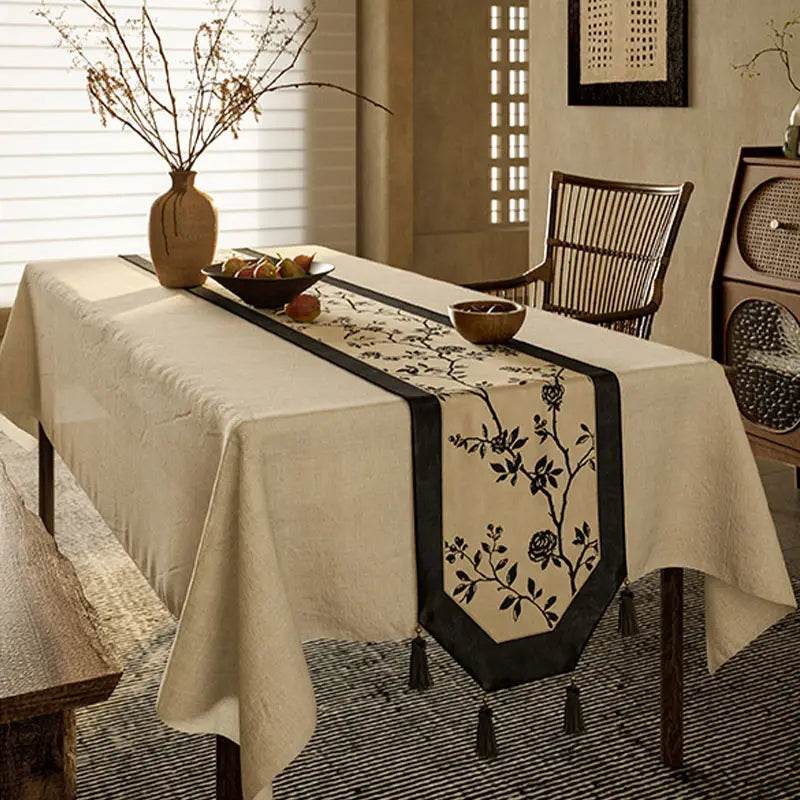 Chinoiserie Vintage Ink Flower and Bird Table Runner - SinoCultural -- TR002W160