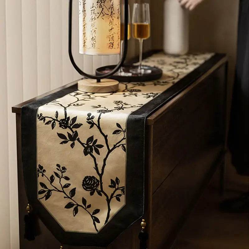 Chinoiserie Vintage Ink Flower and Bird Table Runner - SinoCultural -- TR002W160