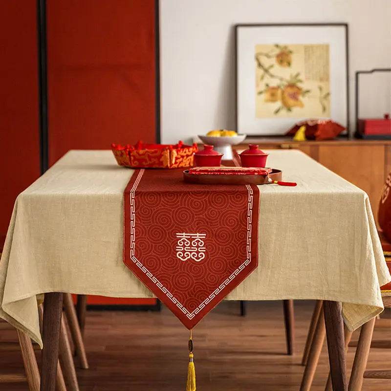 Chinoiserie Wedding Celebration Prosperity Red Table Runner - SinoCultural -- TR012R160