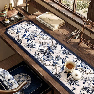 Chinoiserie White and Blue Leather Tea Table Drying Mat - SinoCultural -- TM009A15