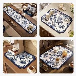 Chinoiserie White and Blue Leather Tea Table Drying Mat - SinoCultural -- TM009A15