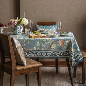 Chinoiserie Vintage Flowers and Birds Blue Tablecloth - SinoCultural -- TC008B85