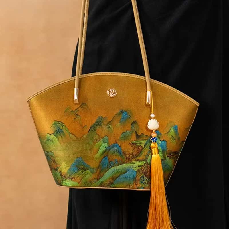 Chinese Painting Mulberry Silk Tote Bag Green Women Handbag